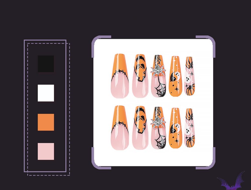 24 PCS Press On False Nails Short Medium Length Full Cover Acrylic Fake Nails Almond Shaped Ballerina Nails Cute Pumpkin Bat Ghost Spider Reusable Nails Nail Salons Home DIY
